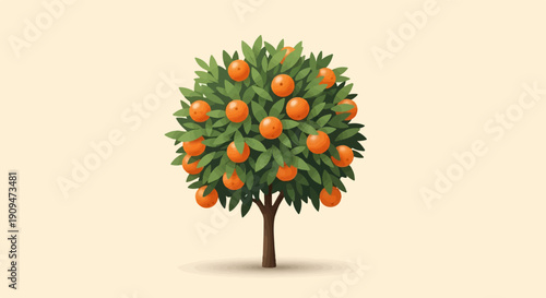 A vibrant, pixelated orange tree laden with ripe fruit against a plain background