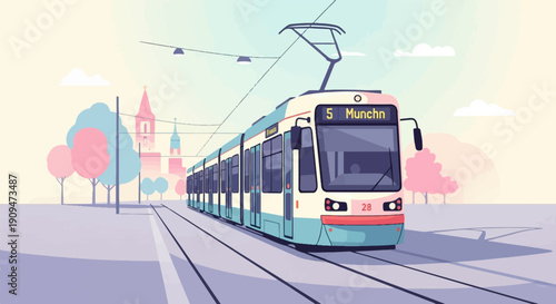 A vibrant, pixelated illustration of a tram moving along tracks in a city