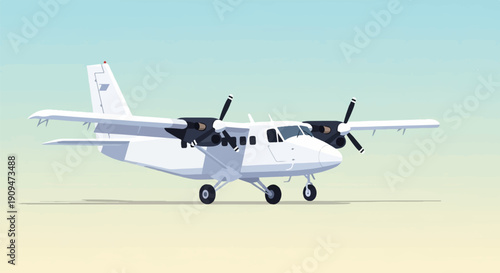 A white twin-engine propeller aircraft is parked on a sandy surface