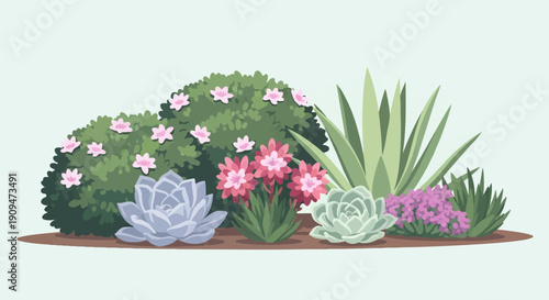 A vibrant pixel art garden with assorted succulents and flowering plants