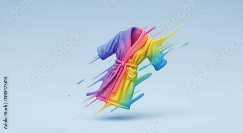 A vibrant, rainbow-colored bathrobe explodes with paint splashes on a pale blue background