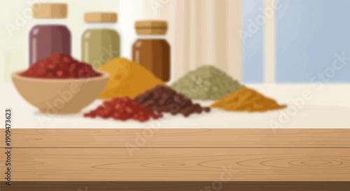 A wooden surface displays a variety of colorful spices in bowls and piles