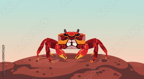 A vibrant red crab with claws extended sits on a brown, rocky terrain