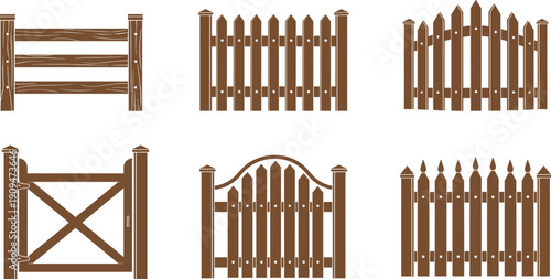 Set of wooden fence and gate vector icons, brown picket barriers for garden and farm, isolated illustration on white background, architecture element.