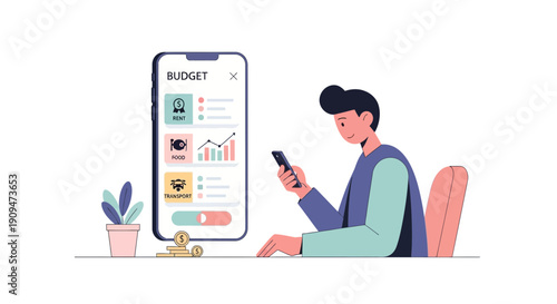 Man managing business budget on mobile device with financial charts and graphs displayed on screen at office workstation
