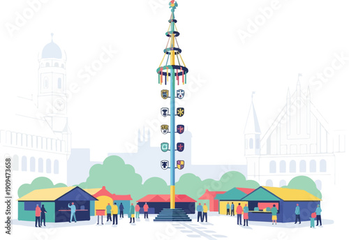 A vibrant outdoor market scene unfolds under a tall, decorated maypole structure