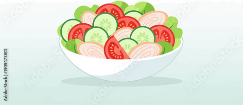 A vibrant, stylized bowl overflowing with a fresh salad of tomatoes, cucumbers, lettuce, and chicken