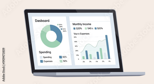 A laptop displays a business dashboard with charts and graphs illustrating monthly income and expenses from various viewpoints