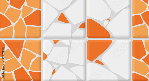A tiled surface with a mosaic pattern of orange and white irregular shapes