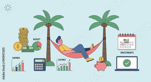 Relaxing in a hammock under palm trees, a person enjoys a serene business getaway with financial graphs and investments on laptop