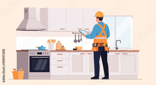 A worker with a tool belt and hard hat inspects a kitchen using a tablet
