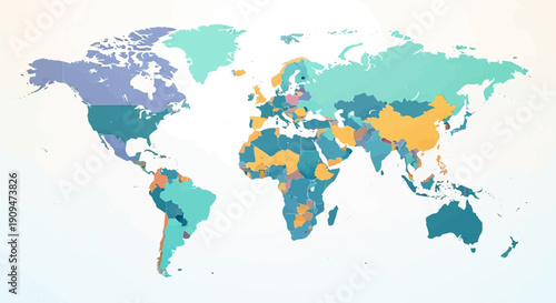 A world map showing countries colored in various pastel shades on a white background