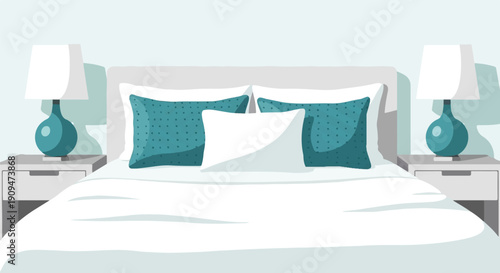 A tidy bedroom scene featuring a white bed with turquoise and white pillows, bedside tables with lamps