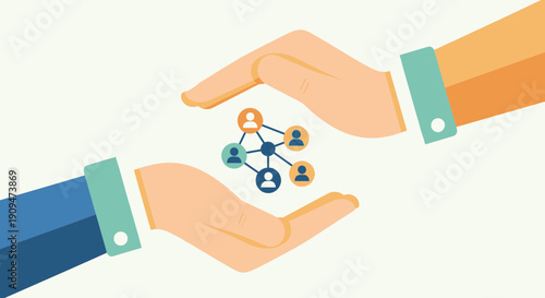 Hands cradling a network of connected people icons