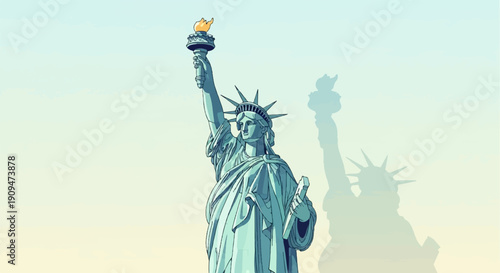 A stylized illustration of the Statue of Liberty with a soft, blended sky background