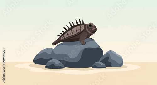A stylized, brown, spiny creature rests on grey rocks on a sandy shore