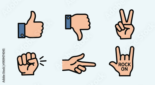 Hands making gestures for approval, disapproval, peace, and rock on