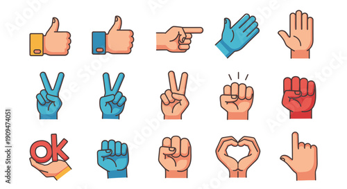 Collection of diverse hand gestures in various colors