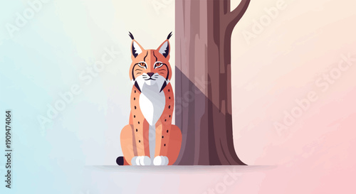 A stylized lynx sits beside a textured tree trunk in a soft, gradient background