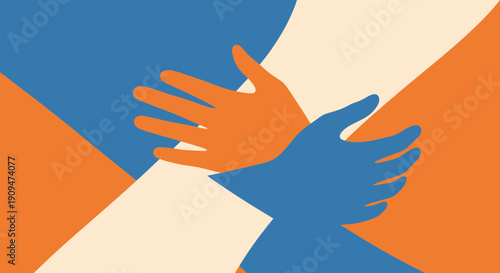 Hands reaching out to each other in blue and orange