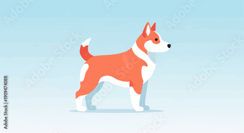 A stylized cartoon dog with orange and white markings stands on a pale blue background