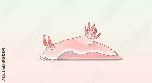 A stylized, cartoonish pink nudibranch with orange antennae and gills rests on a pale background