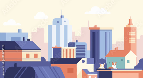 A stylized cityscape with buildings and two dogs on a rooftop
