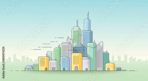 A stylized cityscape with varying heights and colors of buildings under a soft sky