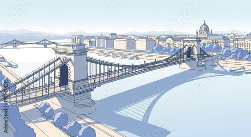 A stylized city skyline with a prominent suspension bridge and river