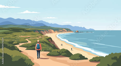 A solo hiker walks along a coastal path overlooking a sandy beach