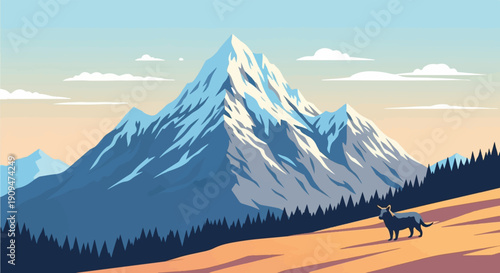 A solitary yak grazes on a sun-drenched mountain slope beneath snow-capped peaks