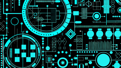 Abstract teal circuit board pattern against a black background