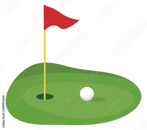 Golf Course Green with Flag and Ball Icon featuring a vibrant green putting surface, a red flagstick, and a white golf ball in a clean, flat vector style for sports applications.