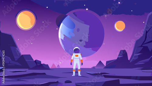 Astronaut contemplates a vibrant alien landscape with multiple planets