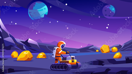 Astronaut explores a purple alien landscape with a rover and distant planets