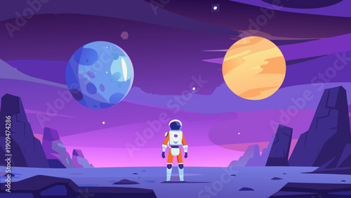 Astronaut gazes at distant planets from a rocky alien landscape
