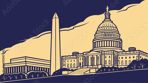 Washington dc skyline features capitol, lincoln memorial, and monument. Suitable for travel blogs, capital city themes, history, and american landmarks.