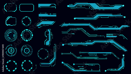 Futuristic user interface elements in bright cyan on a dark background