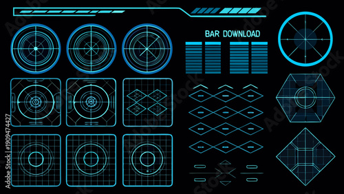 Futuristic user interface elements with targeting reticles and digital displays