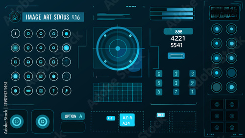 Futuristic interface with radar buttons and digital displays in teal hues