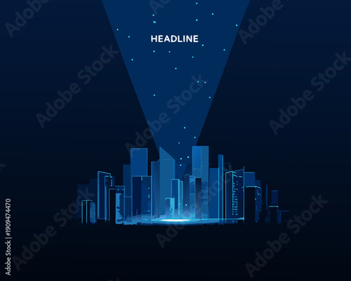 A futuristic cityscape illuminated by a bright focused beam of light
