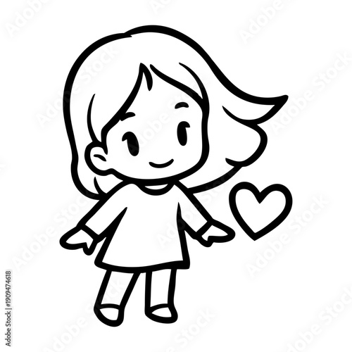 Dibujo con líneas de niña de pie con un corazón cerca del pecho 