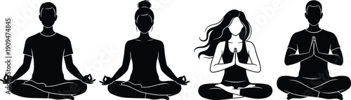 Set of yoga meditation silhouettes, men and women sitting in lotus pose, zen relaxation exercise icons, health and wellness vector illustration collection.