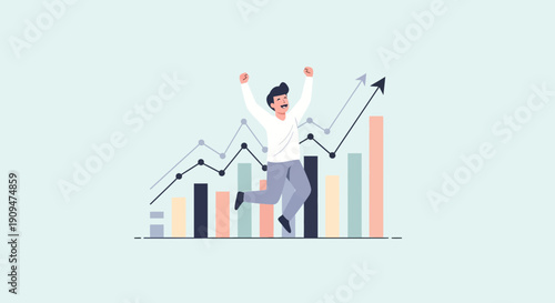 Business Growth Illustration Featuring Man Celebrating Success with Rising Charts and Graphs
