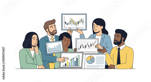 Business professionals collaborating around a table with graphs and charts in a modern office environment from a slightly elevated viewpoint