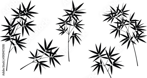 Minimalist black bamboo leaf silhouettes arranged in organic clusters, perfect for botanical decor, nature illustrations, Asian design themes, wall art, or digital graphic projects.