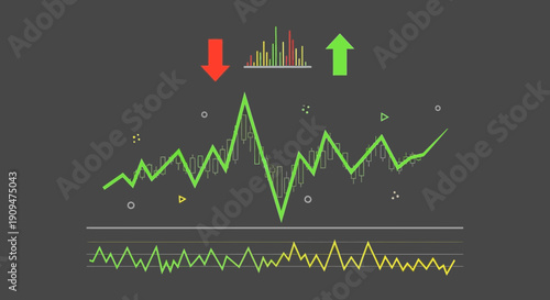 Business graph illustrating upward trend with green chart and arrow indicators