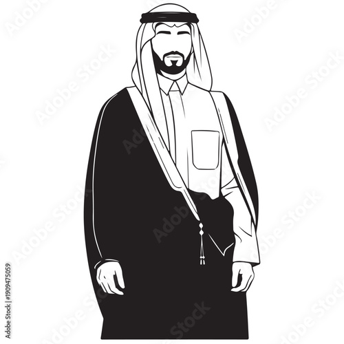 Arab Man in Traditional Attire Black and White Vector Illustration