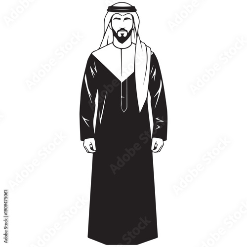 Black and White Vector Illustration of a Traditional Arab Man in Thobe and Ghutra