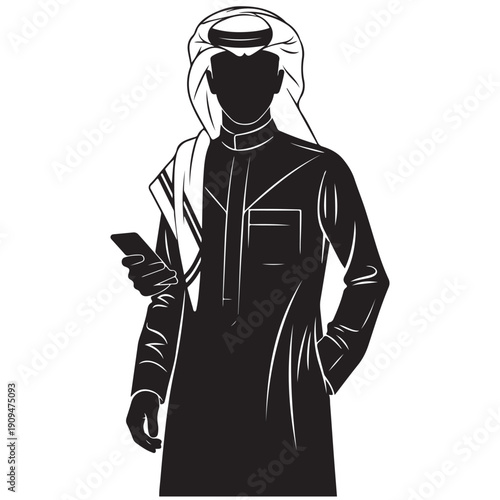 Silhouette illustration of a man in traditional Middle Eastern attire holding a smartphone